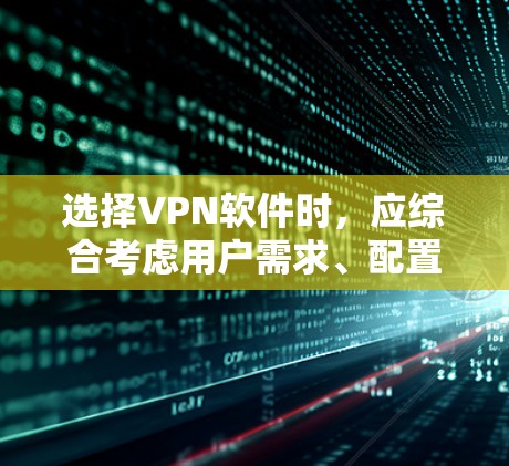 选择VPN软件时，应综合考虑用户需求、配置、安全性、价格和平台支持等因素。以下是根据不同需求推荐的软件推荐